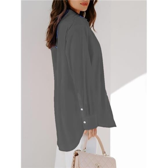 Womens Button Down Shirts Long Sleeve Grey - Picture 2 of 4